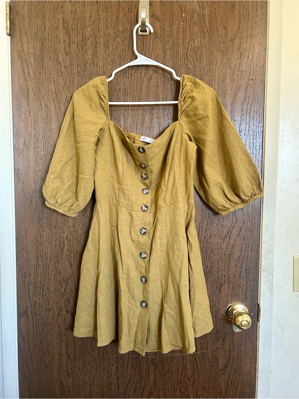 Zara Mustard Puff-Sleeve Button-Front Mini Dress